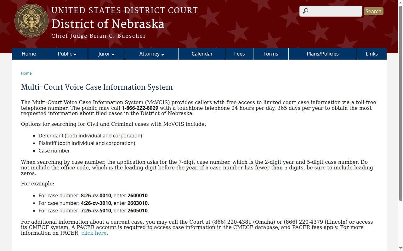 Perkins County case search federal McVCIS instructions for separate federal records