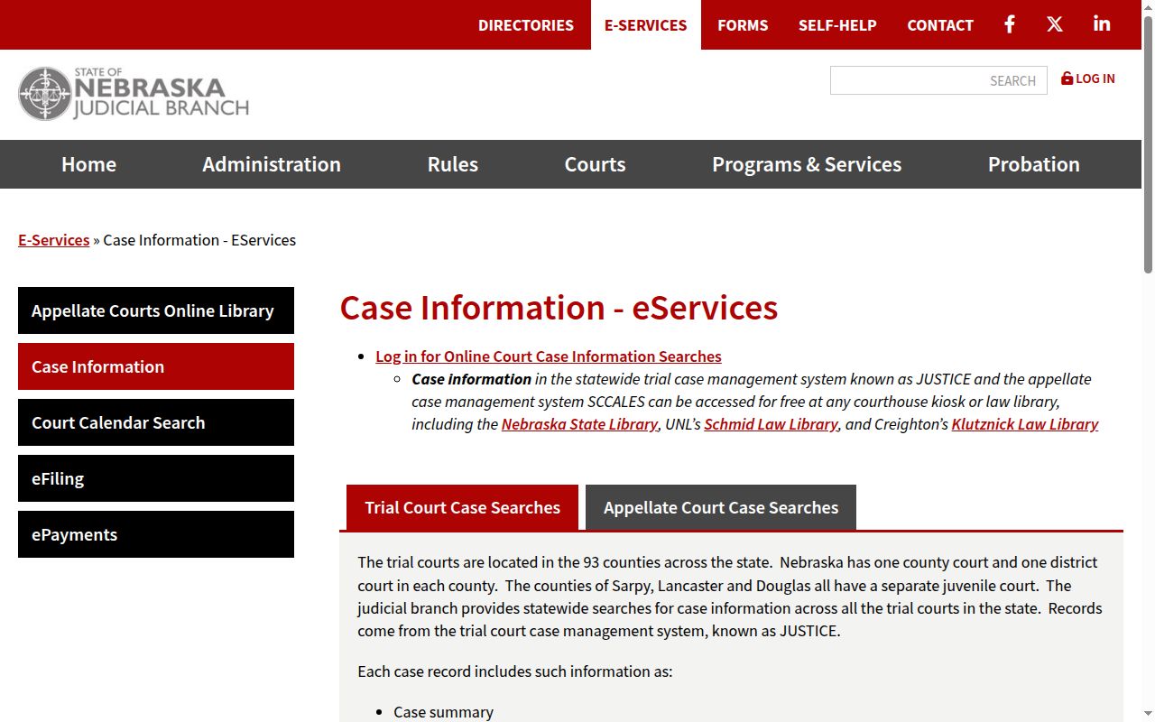 Perkins County case search Nebraska Judicial Branch eServices access information
