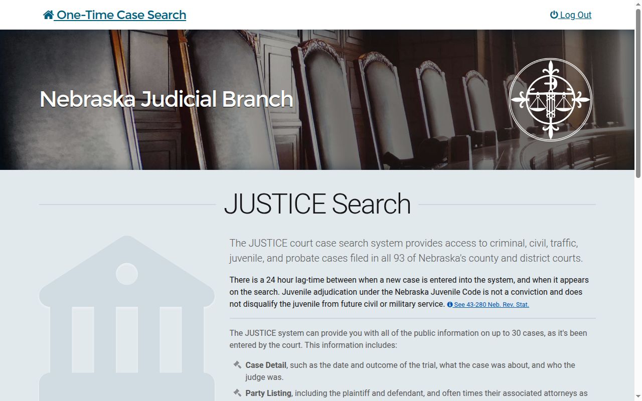 Perkins County case search JUSTICE one-time party-name search notice