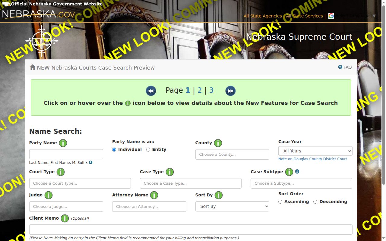Perkins County case search JUSTICE filters for party county court and case type