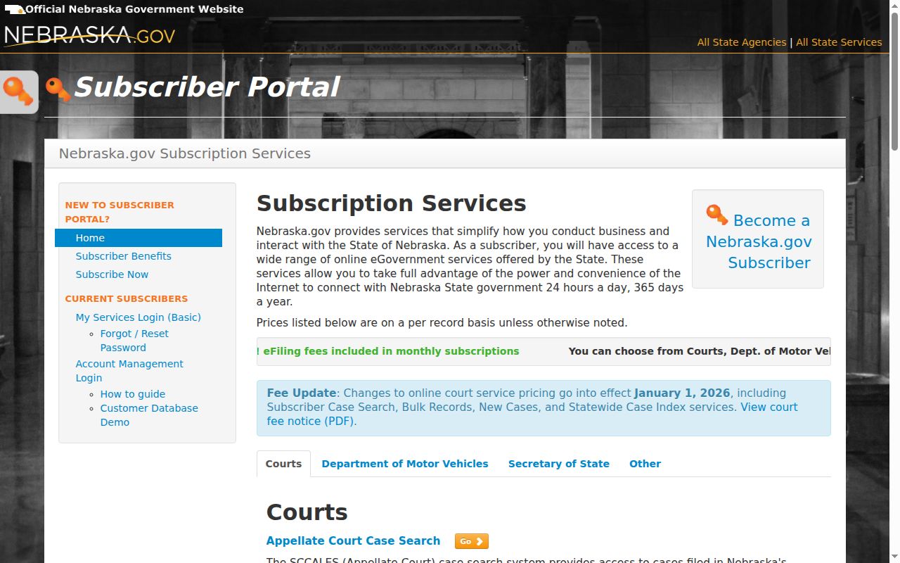 Perkins County case search Nebraska subscriber access and case-detail pricing