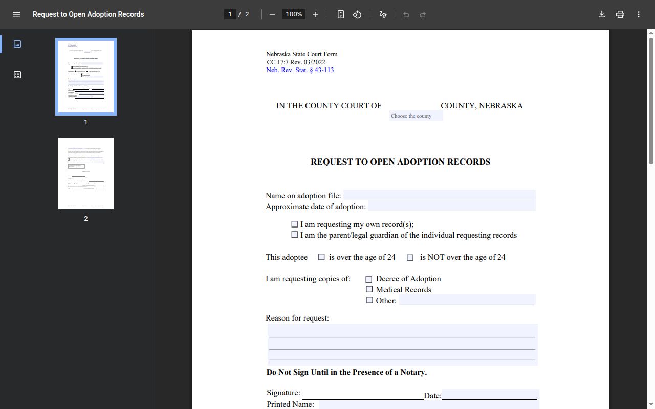 Perkins County civil docket adoption record request and verification fields