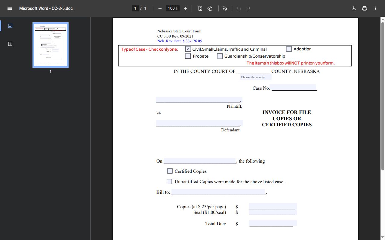 Perkins County civil docket copy and certification invoice fields