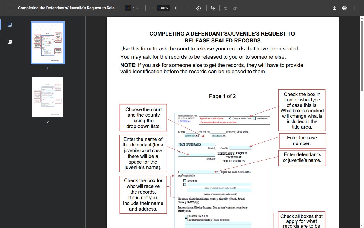 Perkins County civil docket sealed-record request completion instructions