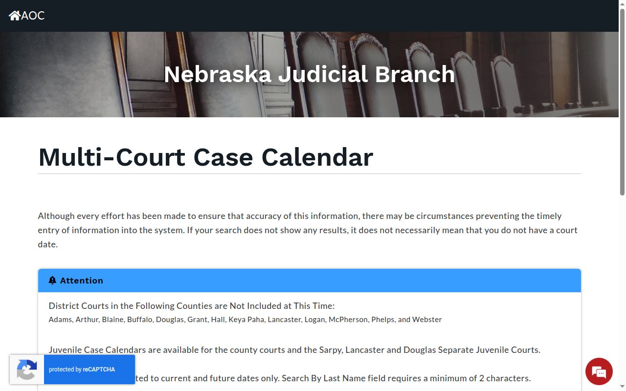 Perkins County court calendar search controls for Nebraska court dates