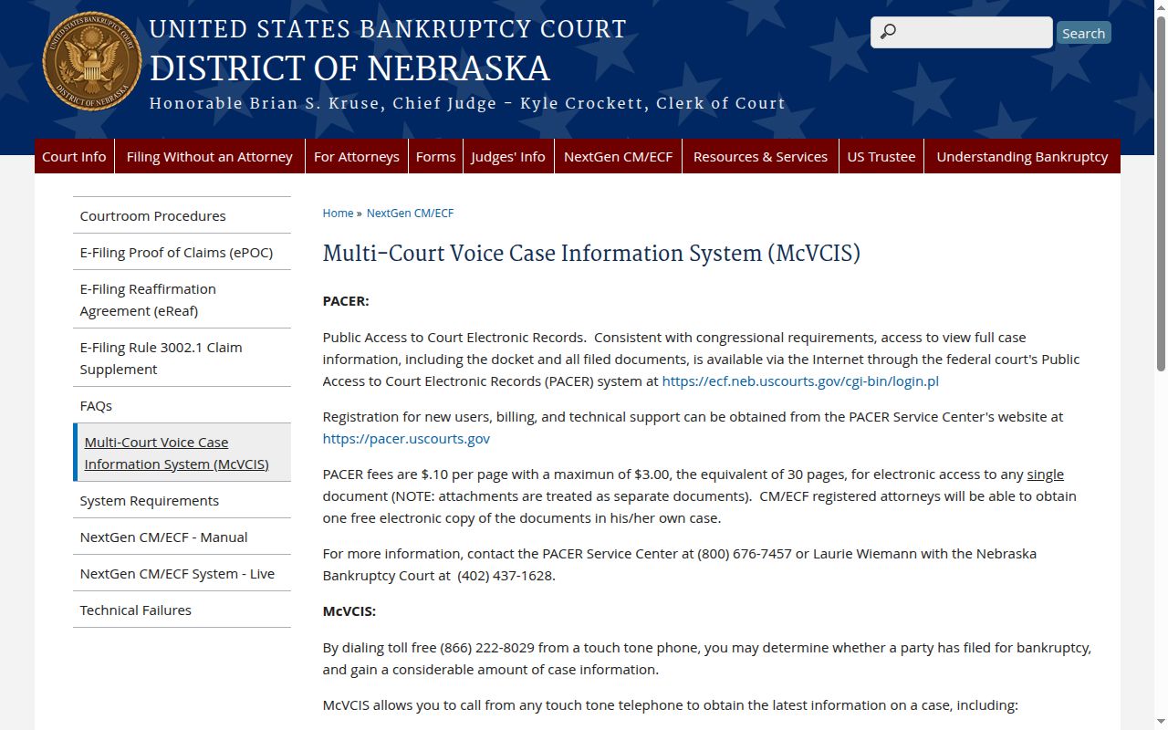 Perkins County court record federal bankruptcy McVCIS information fields