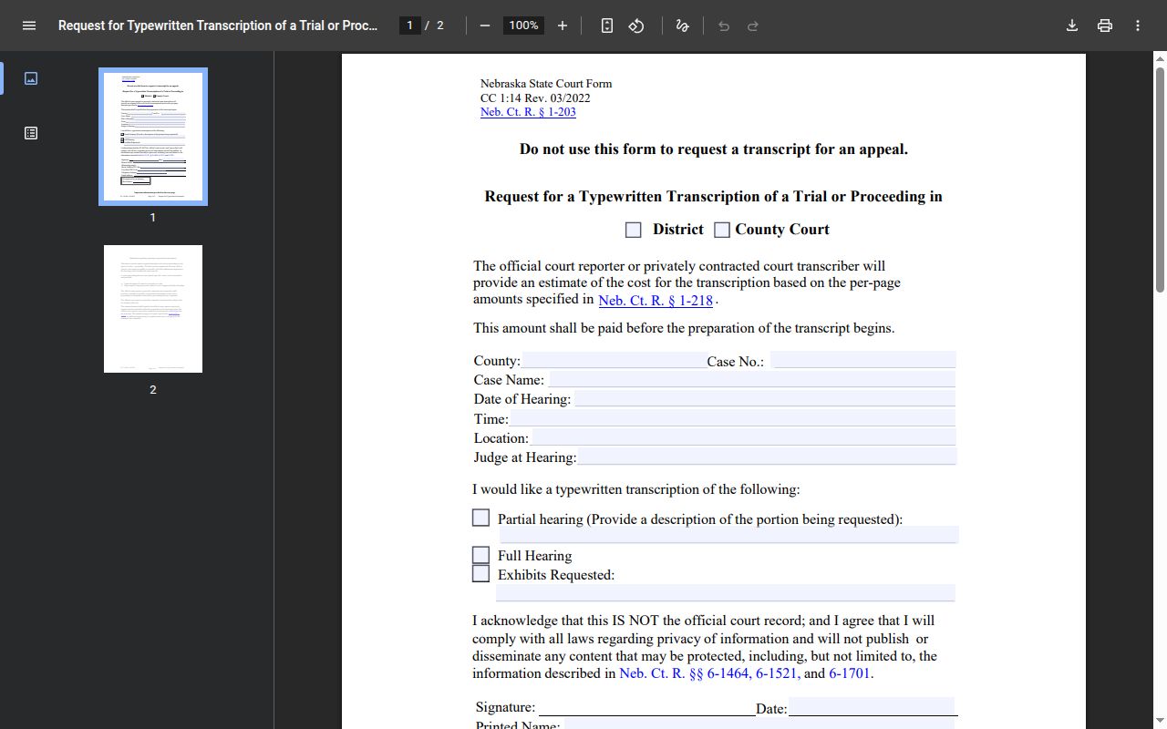 Perkins County court record audio and transcript request form fields