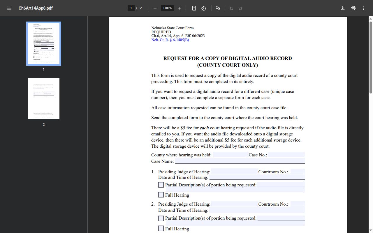 Perkins County court record audio request delivery and hearing detail fields