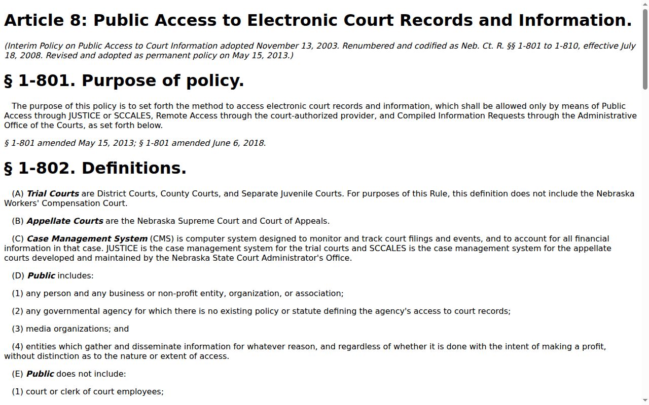 Perkins County criminal docket public access rules under Nebraska Article 8