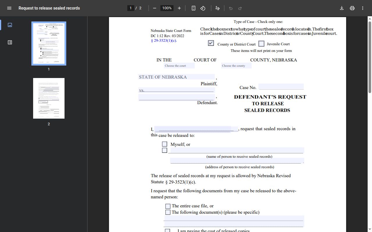 Perkins County criminal docket sealed-record request fields