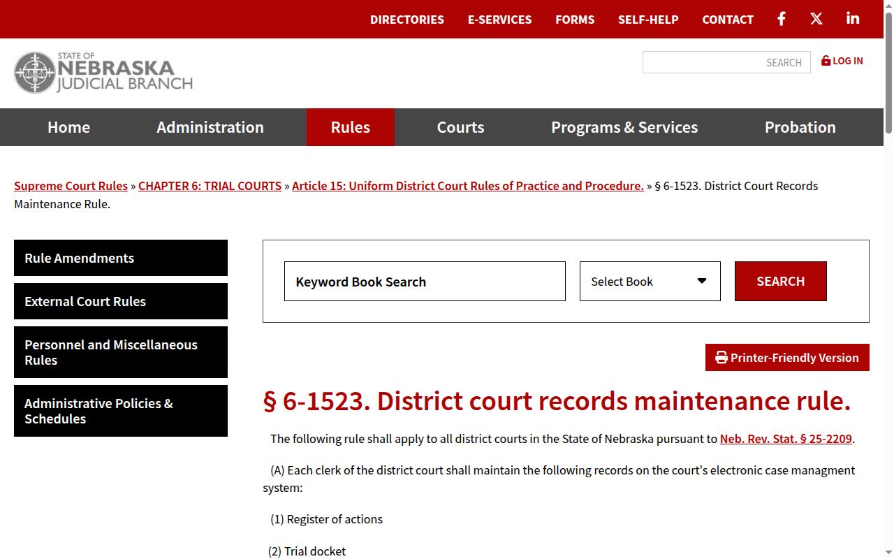 Perkins County criminal docket record categories under the Nebraska register of actions rule