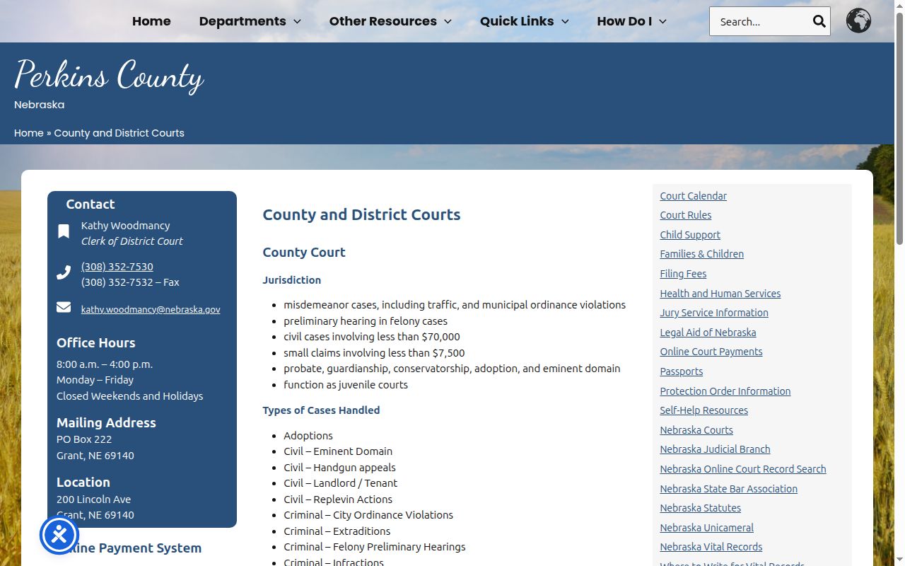 Perkins County court docket clerk contact page